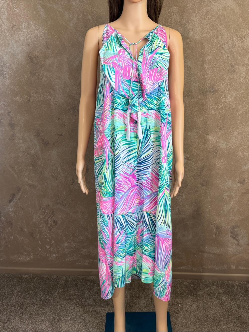 NWT Designer LILLY PULITZER Tropical Palm Print Tassel Maxi Dress Pink Teal